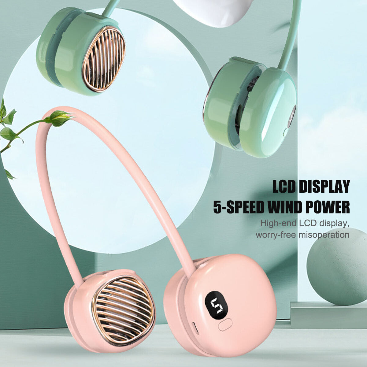 Portable Hanging Neck Fan - 5 Speed - Wearable Personal Fan Air Cooler - Rechargeable