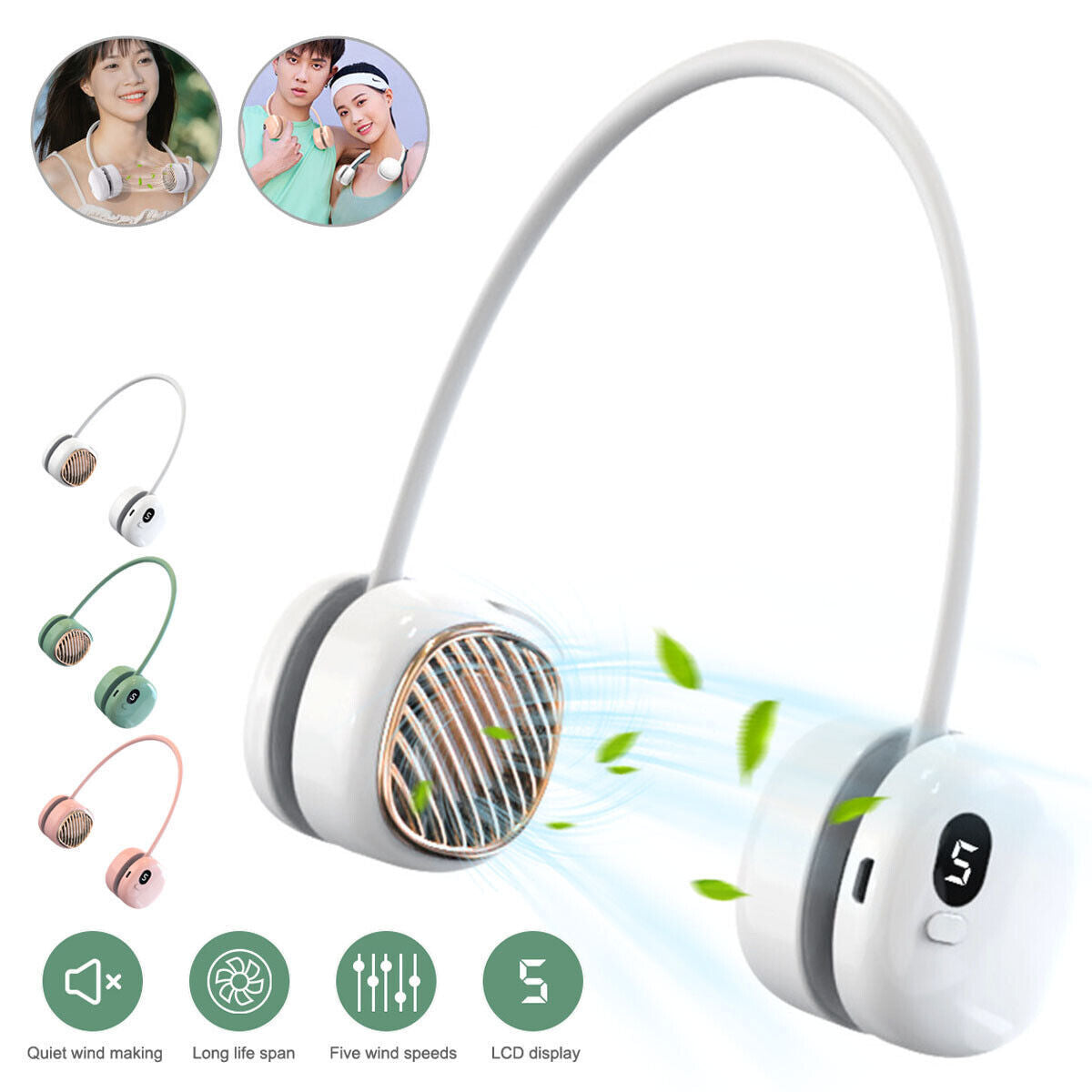 Portable Hanging Neck Fan - 5 Speed - Wearable Personal Fan Air Cooler - Rechargeable