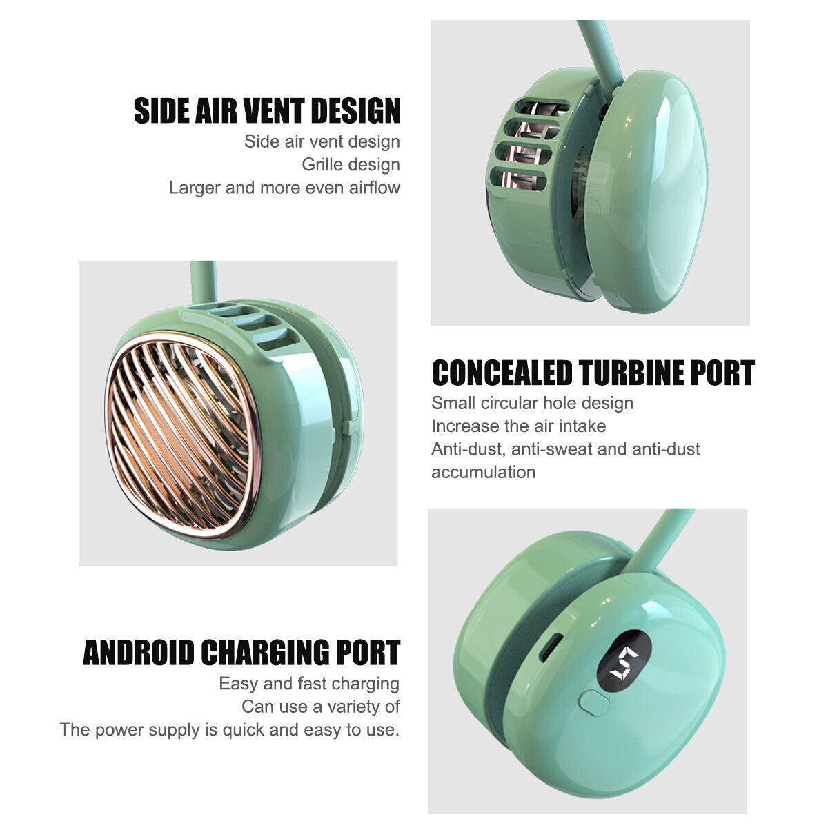 Portable Hanging Neck Fan - 5 Speed - Wearable Personal Fan Air Cooler - Rechargeable